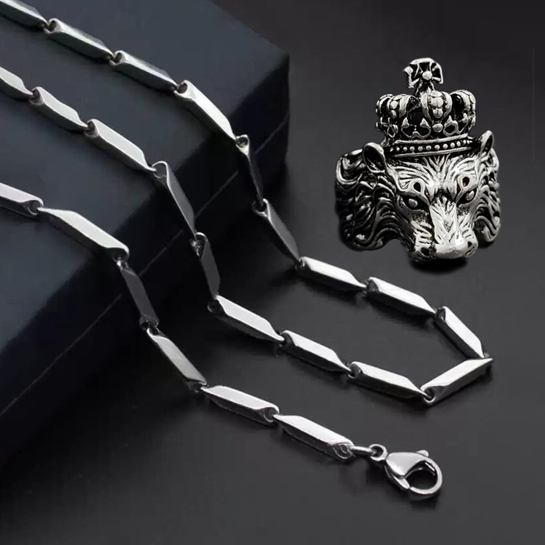 Silver plated chain with silver plated KGF LION shape adjustable ring combo set