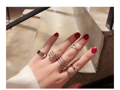 Silver Color Round Hollow Geometric Fashion Cross Twist Open Ring Set Joint (6Pcs)