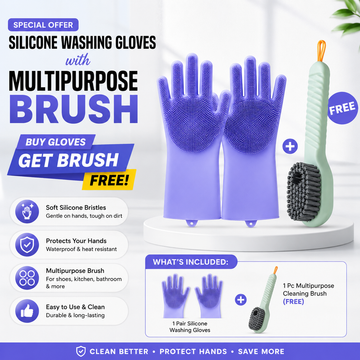 Pair Of Dishwashing Silicone Washing Gloves + Multi Purpose Cleaning Brush